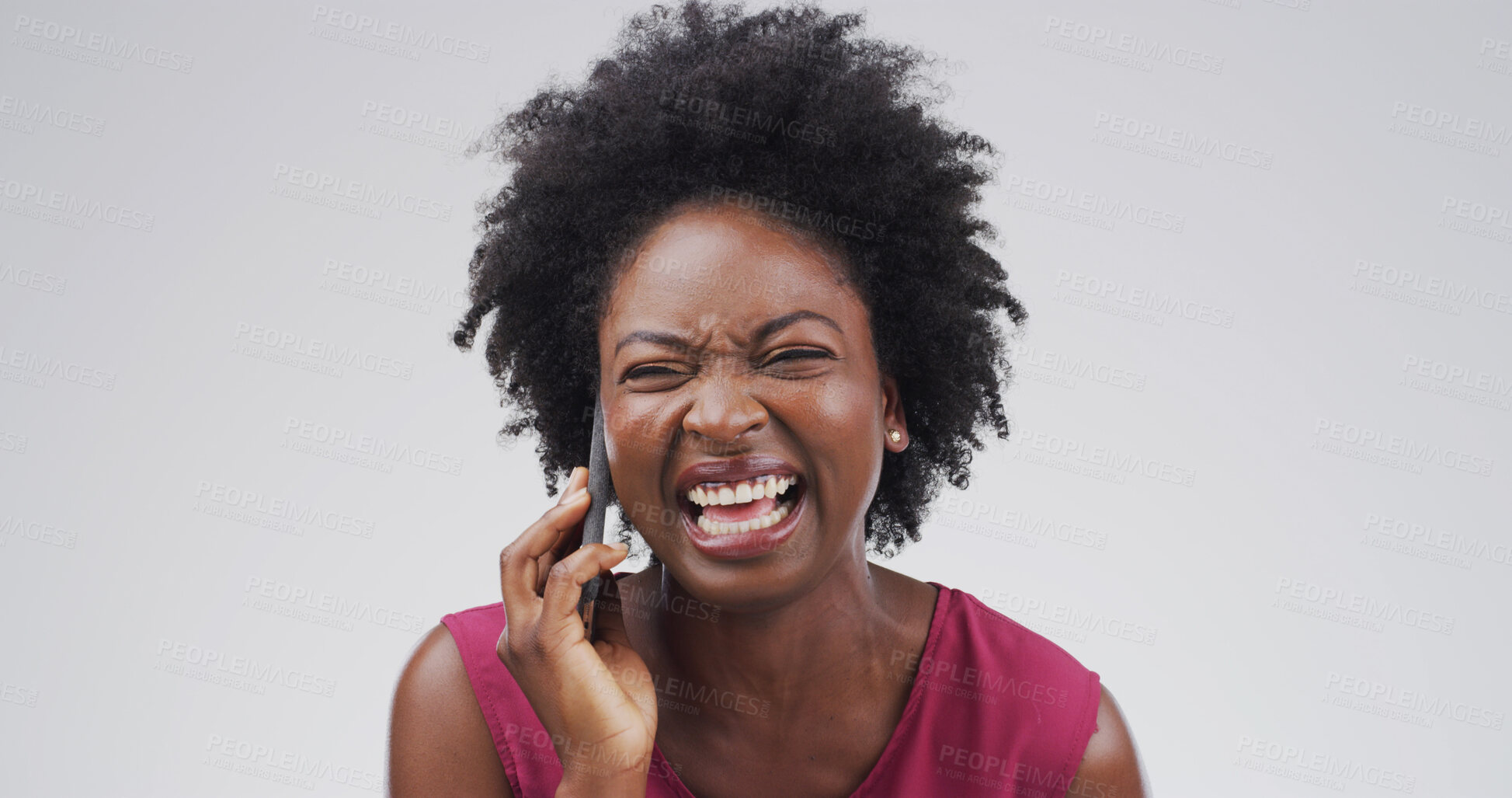 Buy stock photo Funny, phone call and black woman in studio for laugh, communication and gossip story. Mobile, happy person and talking to contact for news, silly joke and chat on white background space for comedy