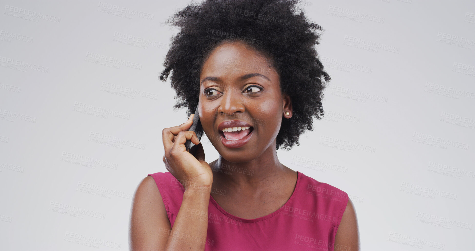 Buy stock photo Black woman, talking and phone call in studio for communication, contact or chat on white background. Smile, female person with mobile conversation or networking for connection, space or technology