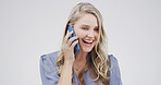 Happy, woman and talking with phone call in studio for business deal, good news and negotiation. Professional, mockup and person speaking to contact for networking and discussion on white background