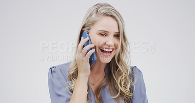Buy stock photo Happy, woman and talking with phone call in studio for business deal, good news and negotiation. Professional, mockup and person speaking to contact for networking and discussion on white background