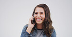 Laughing, woman and gossip with phone call, studio or talking to contact with tech or communication. Happy, person and listening to funny joke on mobile, white background and digital conversation