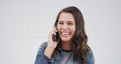 Buy stock photo Laughing, woman and gossip with phone call, studio or talking to contact with tech or communication. Happy, person and listening to funny joke on mobile, white background and digital conversation