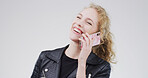 Laughing, woman and talking with contact, phone call or communication with tech or white background. Happy, person and listening to funny joke on mobile, studio and digital conversation and chat