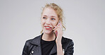 Happy woman, phone call and talking in studio for communication on a white background. Female person, blond or model speaking with smile on mobile smartphone for friendly discussion or chat on space