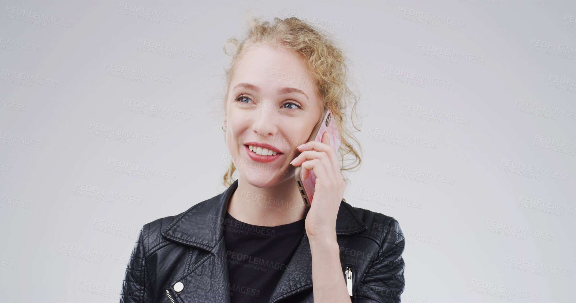 Buy stock photo Happy woman, phone call and talking in studio for communication on a white background. Female person, blond or model speaking with smile on mobile smartphone for friendly discussion or chat on space
