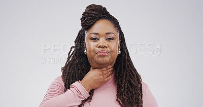 Buy stock photo Pain, portrait and sore throat with black woman on studio space for cold, flu or virus symptoms. Asthma, bacteria and infection with African person isolated on white background for breathing problem