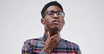 Black man, sore throat and sick in studio, respiratory illness or fatigue with flu on white background. Person, infection and mockup space for allergy, bacteria or pain with virus, stress or disease