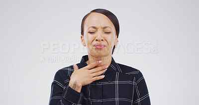 Buy stock photo Woman, sore throat and pain with hand on neck for inflammation, tonsillitis or enlarged adenoids. Person, studio and swallow symptom of respiratory, thyroid or pharyngitis on white background