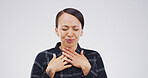 Swallow, sore throat and woman with pain and hand on neck for choke, tonsillitis or enlarged adenoids. Person, studio and infection symptom of respiratory, thyroid or pharyngitis on white background