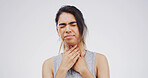 Pain, hurt and woman with sore throat on studio space for cold, flu or virus symptoms. Asthma, choke or female person isolated on white background with allergy, thyroid inflammation or neck injury