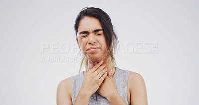 Buy stock photo Pain, hurt and woman with sore throat on studio space for cold, flu or virus symptoms. Asthma, choke or female person isolated on white background with allergy, thyroid inflammation or neck injury