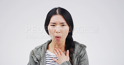 Buy stock photo Cough, portrait and sore throat with woman on studio space for cold, flu or virus symptoms. Asthma, bacteria and infection with Asian person isolated on white background for breathing or lungs 