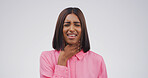 Sick, sore throat and woman in studio with flu, cold or allergies by mockup space for respiratory disease. Illness, asthma and female person with tuberculosis, virus or infection by white background.