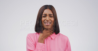 Buy stock photo Sick, sore throat and woman in studio with flu, cold or allergies by mockup space for respiratory disease. Illness, asthma and female person with tuberculosis, virus or infection by white background.