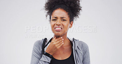 Buy stock photo Infection, portrait and sore throat with woman on studio space for cold, flu or virus symptoms. Asthma, bacteria or condition with person in pain isolated on white background for breathing difficulty