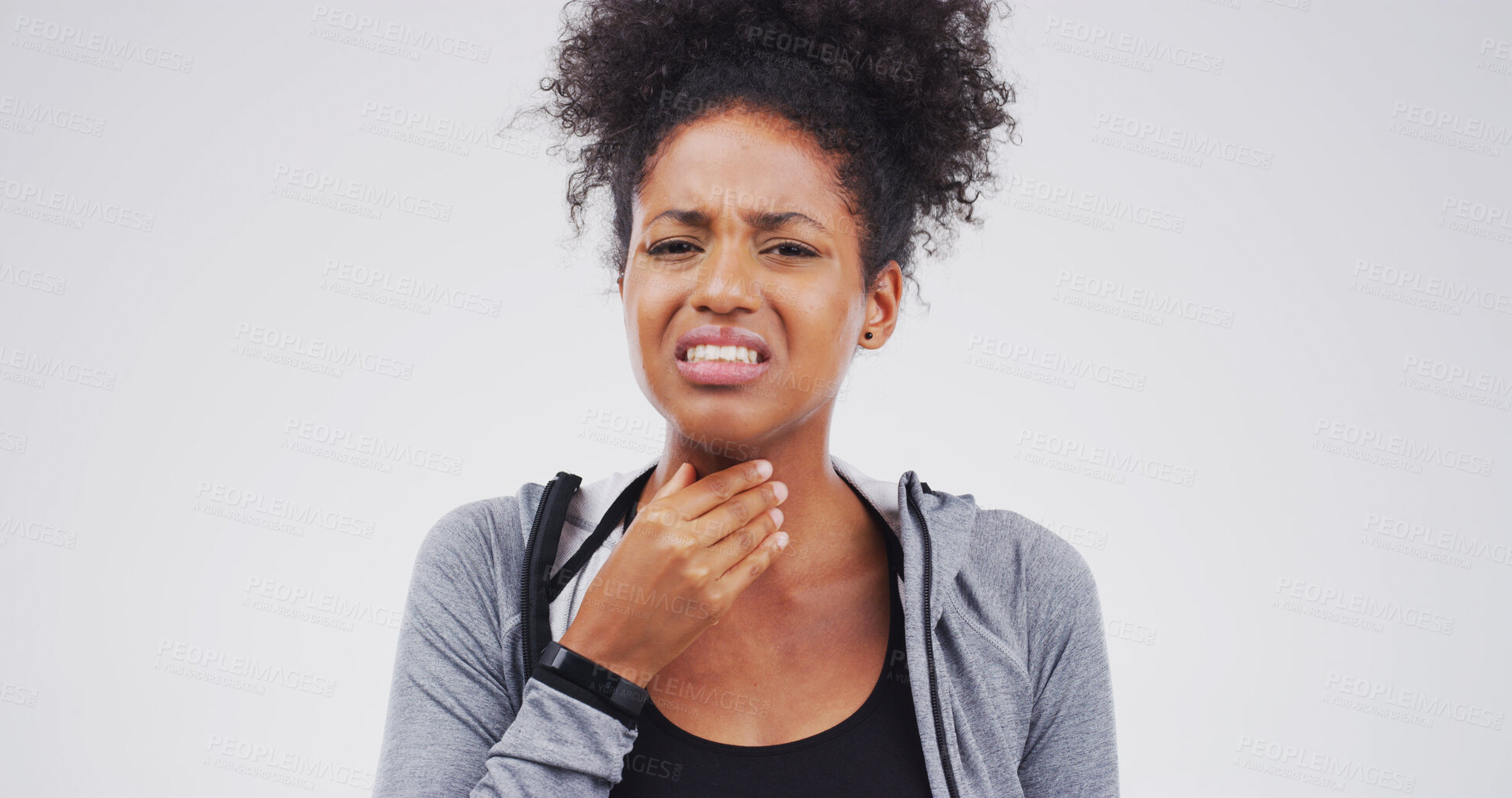 Buy stock photo Infection, portrait and sore throat with woman on studio space for cold, flu or virus symptoms. Asthma, bacteria or condition with person in pain isolated on white background for breathing difficulty