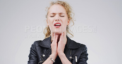 Buy stock photo Glands, hurt and woman with pain on studio space for cold, sore throat and virus symptoms. Flu, choke or sick person isolated on white background with allergy, thyroid inflammation or neck injury