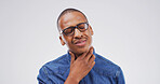 Illness, sore throat and black man in studio with flu, cold or allergies by mockup space for respiratory disease. Sick, asthma and African male person with tuberculosis infection by white background.