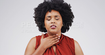 Buy stock photo African woman, sore throat and sick in studio, frustrated or fatigue with flu on white background. Person, infection and mockup space for allergy, bacteria or pain with cold virus, stress or disease