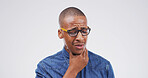 Black man, sore throat and pain with hand on neck for inflammation, tonsillitis or enlarged adenoids. Person, studio and infection symptom of respiratory, flu or pharyngitis on white background