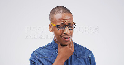 Buy stock photo Black man, sore throat and pain with hand on neck for inflammation, tonsillitis or enlarged adenoids. Person, studio and infection symptom of respiratory, flu or pharyngitis on white background