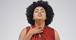 Black woman, sore throat and pain with hand on neck for inflammation, tonsillitis or enlarged adenoids. Person, studio and infection symptom of respiratory, thyroid or pharyngitis on white background