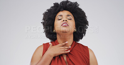 Buy stock photo Black woman, sore throat and pain with hand on neck for inflammation, tonsillitis or enlarged adenoids. Person, studio and infection symptom of respiratory, thyroid or pharyngitis on white background