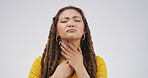 Hurt, sick or woman with sore throat on studio space for cold, itchy voice or virus symptoms. Dry, crisis or person choking on white background with flu allergy, thyroid inflammation or neck injury