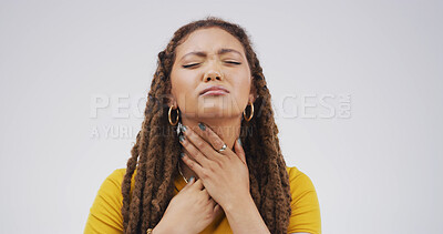 Buy stock photo Hurt, sick or woman with sore throat on studio space for cold, itchy voice or virus symptoms. Dry, crisis or person choking on white background with flu allergy, thyroid inflammation or neck injury