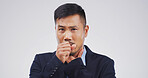 Businessman, cough and sick in studio, allergy or fatigue for respiratory disease on white background. Person, asthma and mock up space for sore throat, stress and bacteria infection in Indonesia