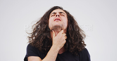 Buy stock photo Man, sore throat and virus with pain in studio, frustrated or exhausted with flu on white background. Person, infection and mockup space for allergy, bacteria or tired with illness, itch or disease