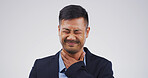 Businessman, sore throat and virus with pain in studio, burnout and tired with flu on white background. Person, infection and mock up space for allergy, bacteria and frustrated with cold illness