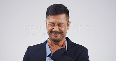Buy stock photo Businessman, sore throat and virus with pain in studio, burnout and tired with flu on white background. Person, infection and mock up space for allergy, bacteria and frustrated with cold illness
