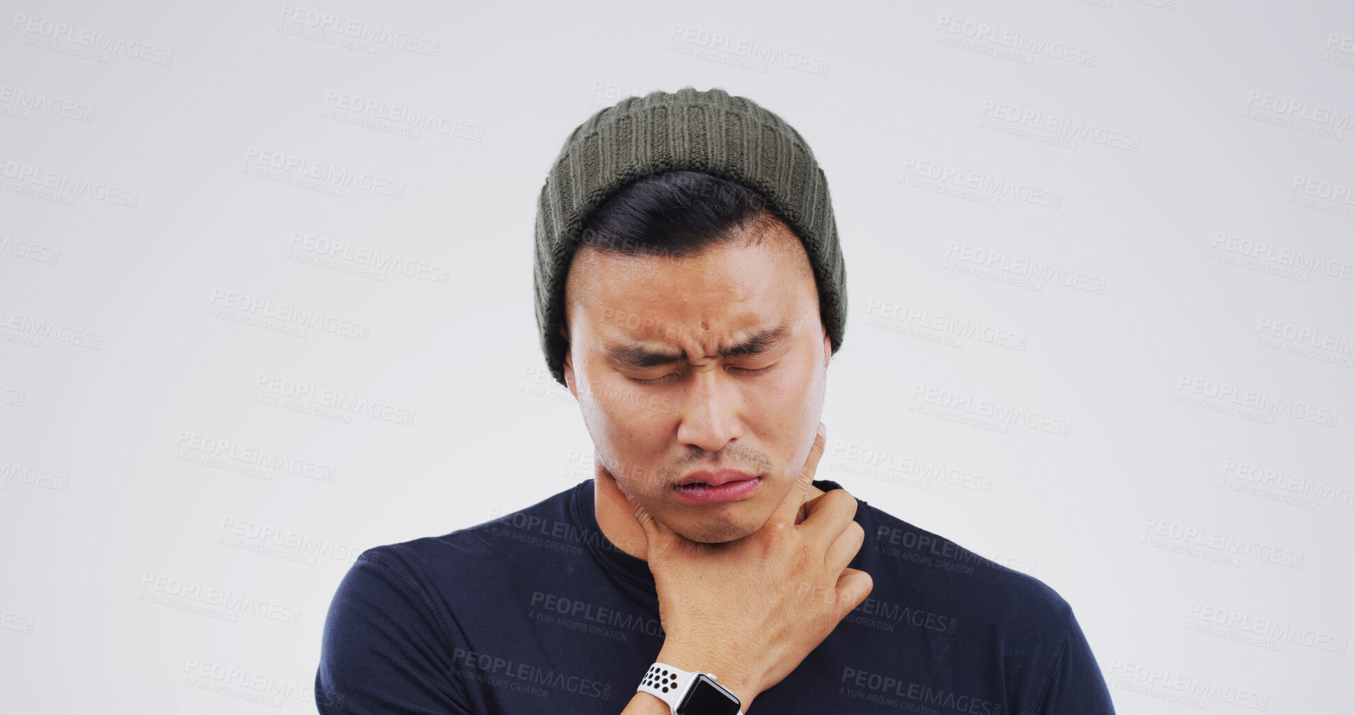 Buy stock photo Allergy, hurt or Asian man with sore throat on studio space for cold, flu or virus symptoms. Choke, sick or male person isolated on white background with neck pain, thyroid inflammation or asthma