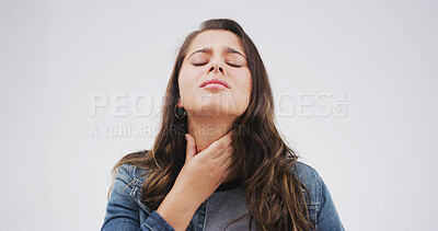 Buy stock photo Allergy, hurt and woman with sore throat on studio space for cold, flu or virus symptoms. Asthma, bacteria or female person isolated on white background with neck pain, thyroid inflammation or injury