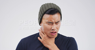 Buy stock photo Man, sore throat and stress with pain in studio, frustrated or burnout with flu on white background. Person, infection and mockup space for allergy, bacteria or tired with cold virus, itch or disease
