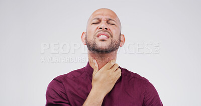 Buy stock photo Man, sore throat and sick with stress in studio, frustrated or fatigue with flu on white background. Person, infection and mockup space for allergy, bacteria or tired with cold virus, itch or disease