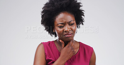 Buy stock photo Upset, throat or black woman with pain on studio space for cold, sore voice or virus symptoms. Flu, choke or sick person isolated on white background with allergy, thyroid inflammation or neck injury