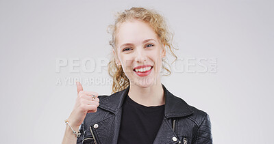 Buy stock photo Portrait, happy and woman with thumbs up in studio for good news, agreement and like feedback. Space, female person and hand gesture for thank you, support vote and show decision on white background