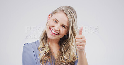 Buy stock photo Portrait, smile and woman with thumbs up in studio for good news, agreement and like feedback. Space, female person and hand gesture for thank you, support vote and show decision on white background