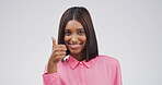 Thumbs up, happy and portrait of businesswoman in studio for agreement, feedback or vote for investment. Smile, good news and Indian financial manager with approval hand gesture by white background.