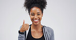 Happy, black woman and portrait with thumbs up in studio for fitness on a white background. Active, female person or African model with smile, like emoji or yes sign for physical health or wellness