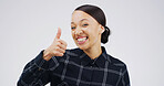 Happy, portrait or woman with thumbs up in studio for vote support, positive feedback or agreement. Mockup, person and like emoji on white background for successful review, confirmation or excellence