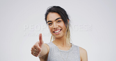 Buy stock photo Portrait, happy woman and thumbs up in studio for support, success or agreement. Model, smile and like hand gesture with emoji for yes sign, excellence and winning symbol on white background space