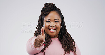 Buy stock photo Portrait, laugh and black woman with thumbs up in studio for yes sign, support or agreement. Funny, model and like hand gesture with emoji for feedback, excellence or review on white background space