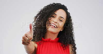 Buy stock photo Happy woman, portrait and thumbs up in studio for good job or success on a white background. Face, female person or model with smile, like emoji or yes sign for welll done, thank you or OK on space