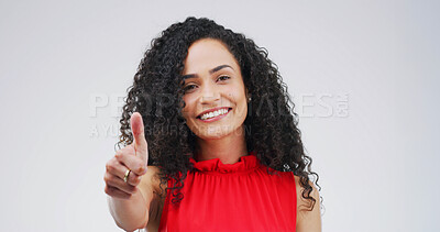 Buy stock photo Thumbs up, good news and portrait of businesswoman in studio for approval, feedback or vote for investment. Smile, happy and female financial manager with agreement hand gesture by white background.