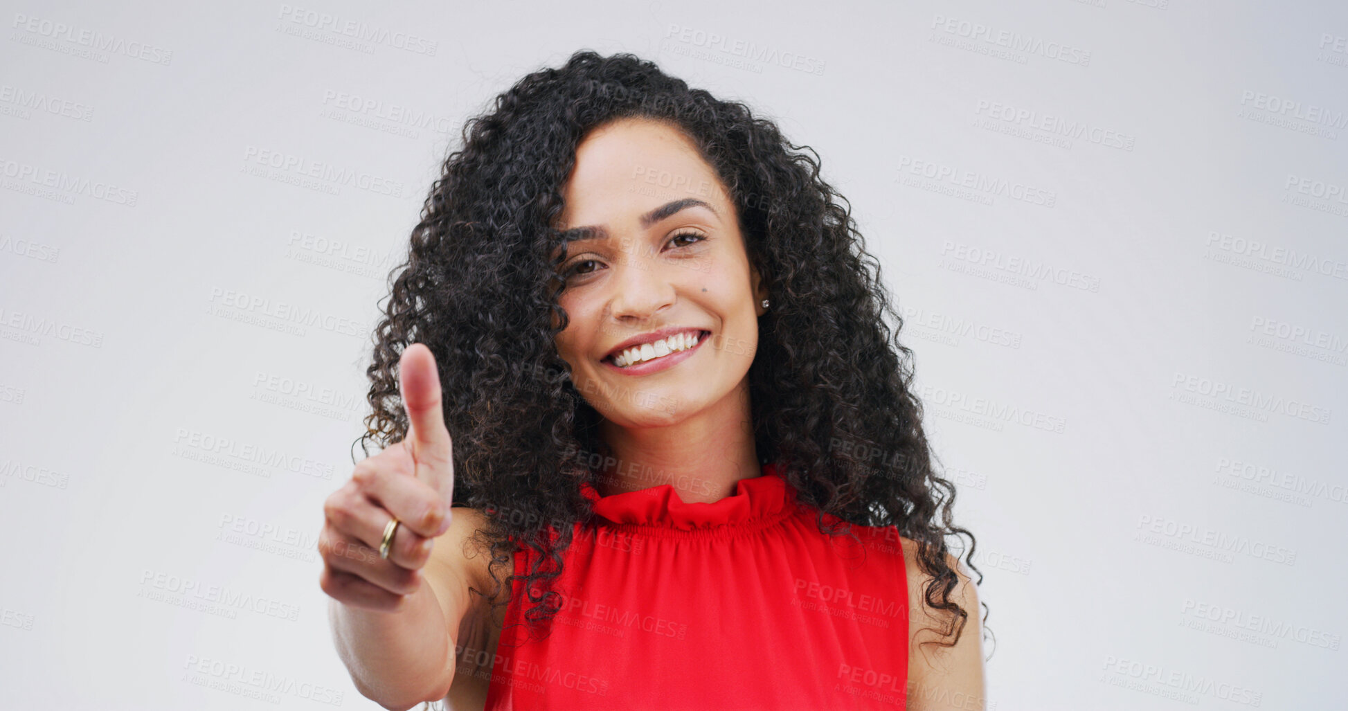 Buy stock photo Thumbs up, good news and portrait of businesswoman in studio for approval, feedback or vote for investment. Smile, happy and female financial manager with agreement hand gesture by white background.