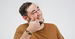 Happy, portrait and man with thumbs up in studio for vote approval, positive feedback and yes sign. Mockup, pride and person with like emoji for confirmation good job and support on white background