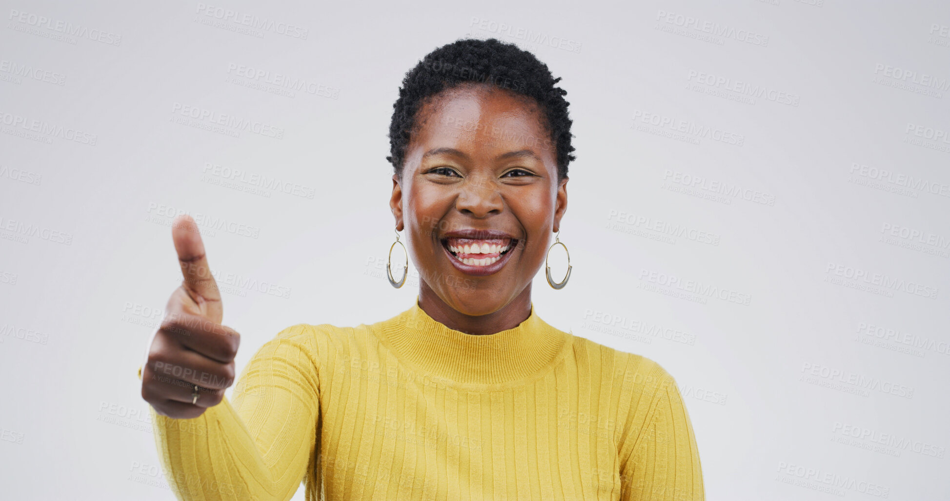 Buy stock photo Excited, portrait and black woman with thumbs up in studio for vote approval, support or agreement. Mockup space, happy and person with yes emoji for successful review or good job on white background